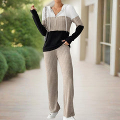 Women's Contracted Design Color-Block Hooded Sweatsuit Set - Long Sleeve Zip-Up Hoodie With Wide-Leg Lounge Pants - kinko