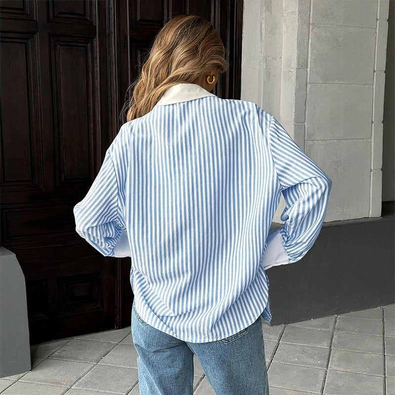 Striped Stitching Shirt For Women - kinko