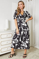 Printed Surplice Balloon Sleeve Dress - kinko