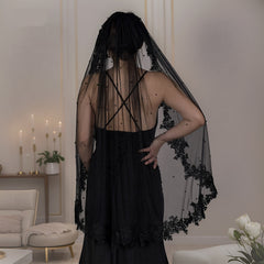 Exquisite Lace Black Veil Pearl Bridal Veil - kinko