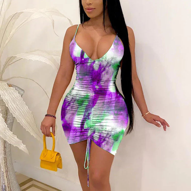 Deep V-neck Tie-dye Print Slim Fit Dress - kinko