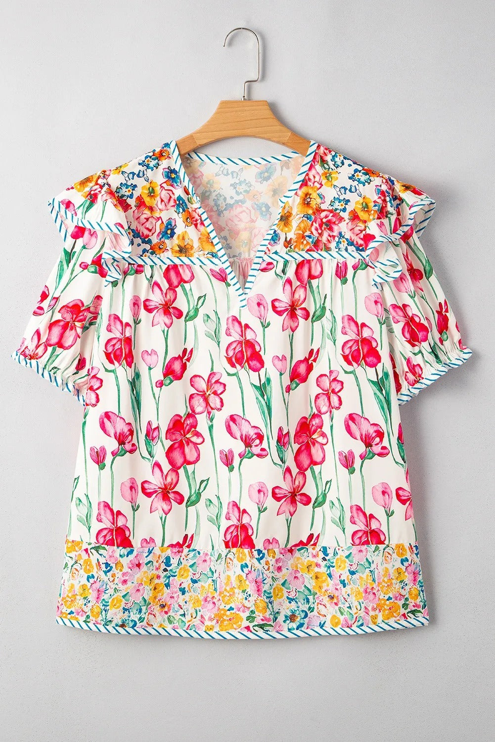 Plus Size Floral Print Striped Trim V Neck Blouse - kinko