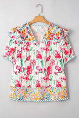 Plus Size Floral Print Striped Trim V Neck Blouse - kinko