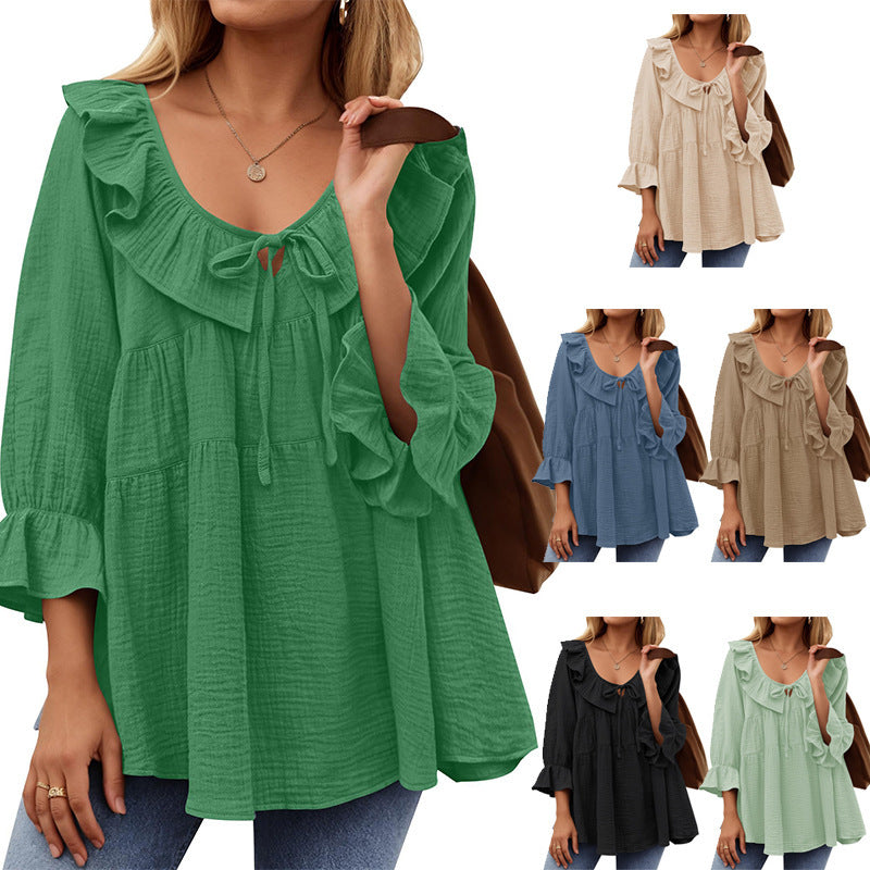 Round Neck Tied Front Dart Multi-layer Loose Waist Shirt - kinko