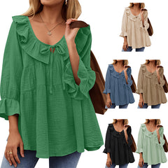 Round Neck Tied Front Dart Multi-layer Loose Waist Shirt - kinko
