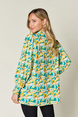 Double Take Full Size Printed Smocked Long Sleeve Blouse - kinko