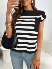 Striped Mock Neck Cap Sleeve Knit Top - kinko