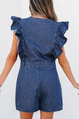 Denim Ruffled Zipped Front Belted Romper - kinko