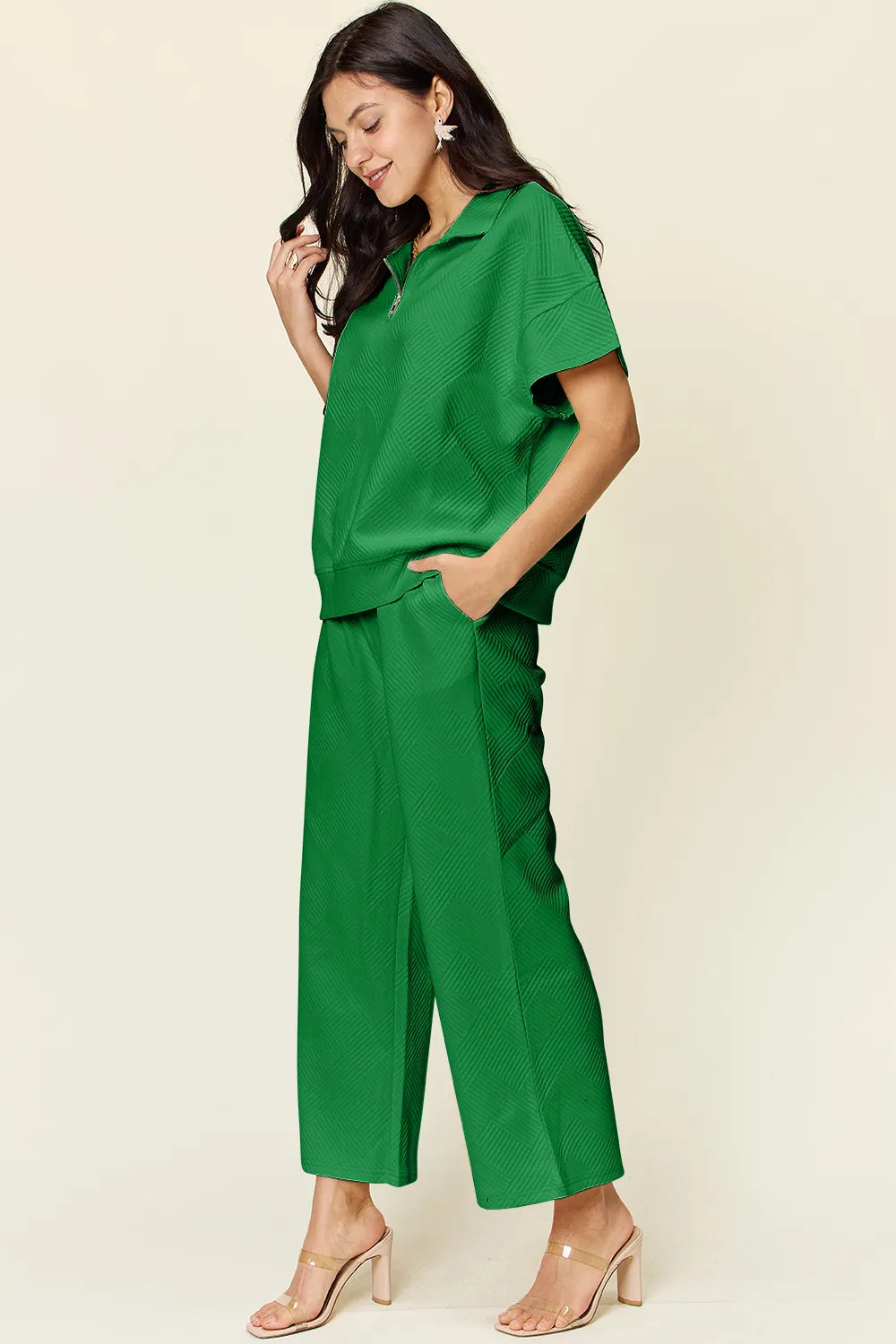 Double Take Full Size Texture Half Zip Short Sleeve Top and Pants Set - kinko