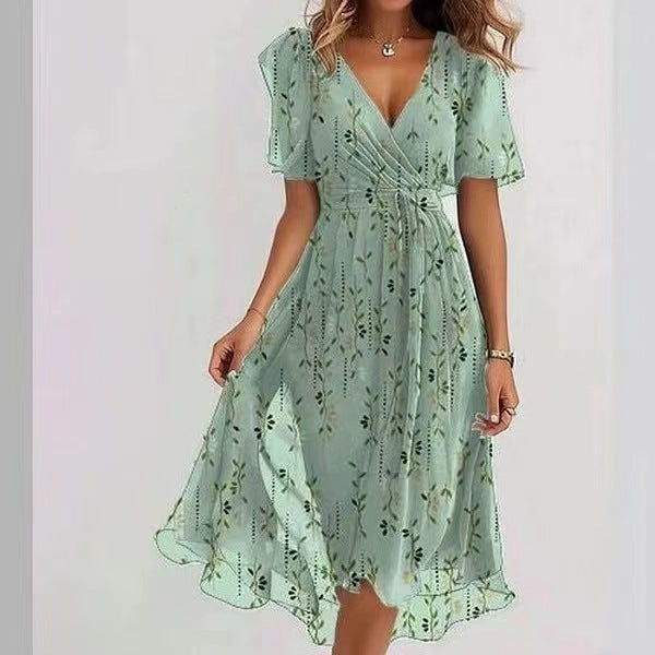 Chiffon Printed Short Sleeve Dress Summer Elegant V-neck Dresses Womens Clothing - kinko