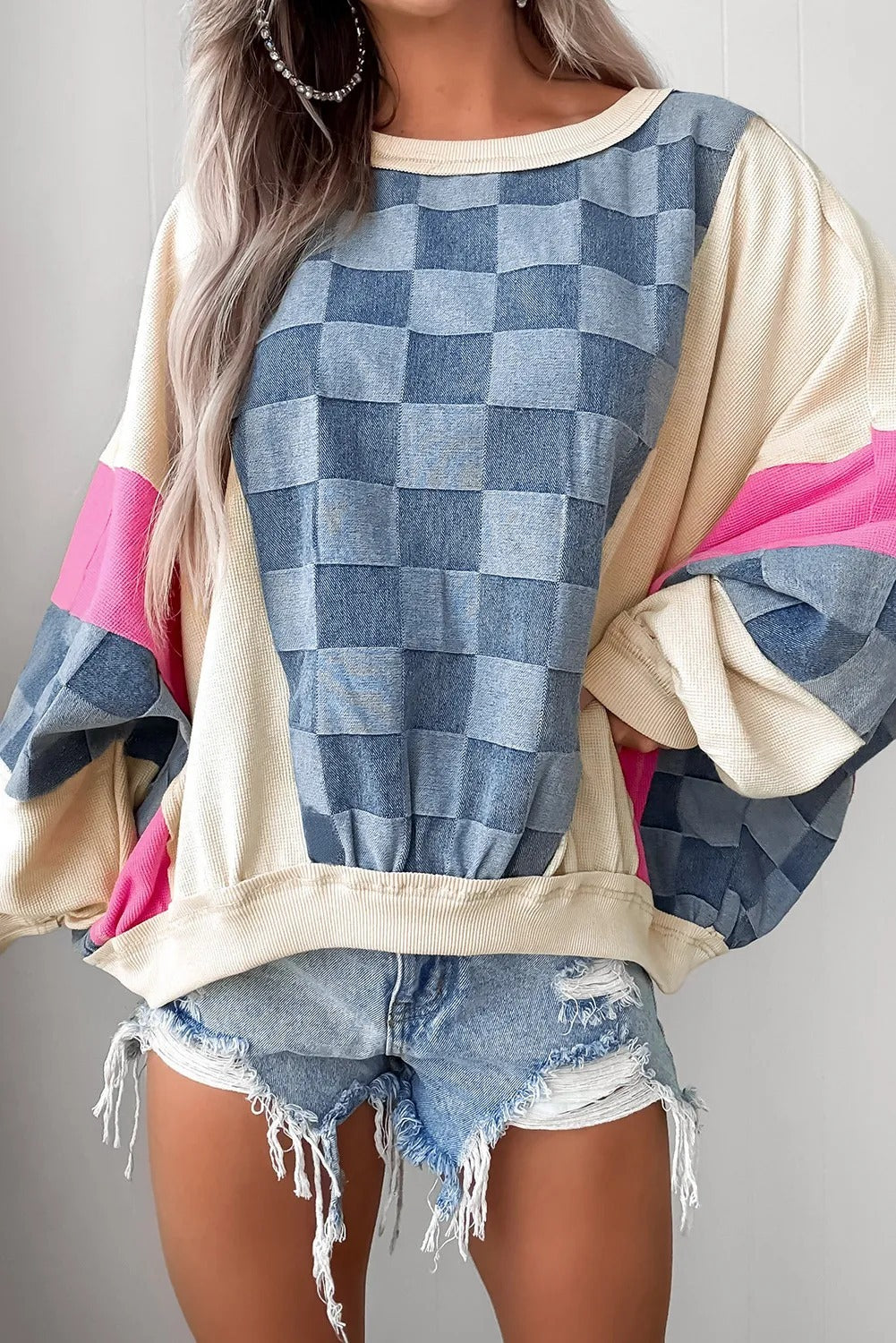 Sky Blue Oversized Checkered Denim Exposed Seam Patchwork Casual Sweatshirt - kinko