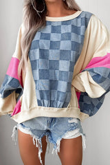 Sky Blue Oversized Checkered Denim Exposed Seam Patchwork Casual Sweatshirt - kinko