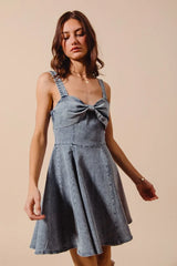 SO ME Mineral Washed Bow Ribbon Denim Flare Dress - kinko