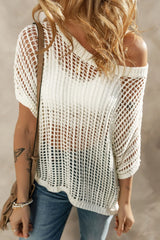 Openwork Round Neck Half Sleeve Knit Cover Up - kinko