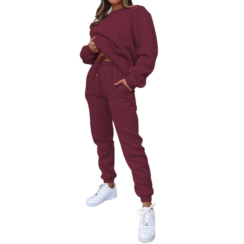 Crew Neck Pullover Sweatshirt Fleece-lined Fashion Casual Sweater Sweatpants Two-piece Set - kinko