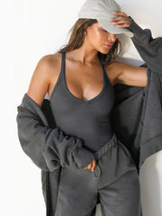 Ribbed V-Neck Halter Tank Top - kinko