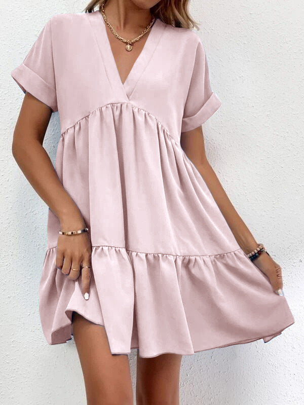 New Short-sleeved V-neck Dress Summer Casual Sweet Ruffled Dresses Solid Color Holiday Beach Dress For Womens Clothing - kinko