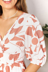 Printed Surplice Balloon Sleeve Dress - kinko