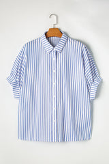 Sky Blue Stripe Dolman Sleeve Oversize Shirt - kinko