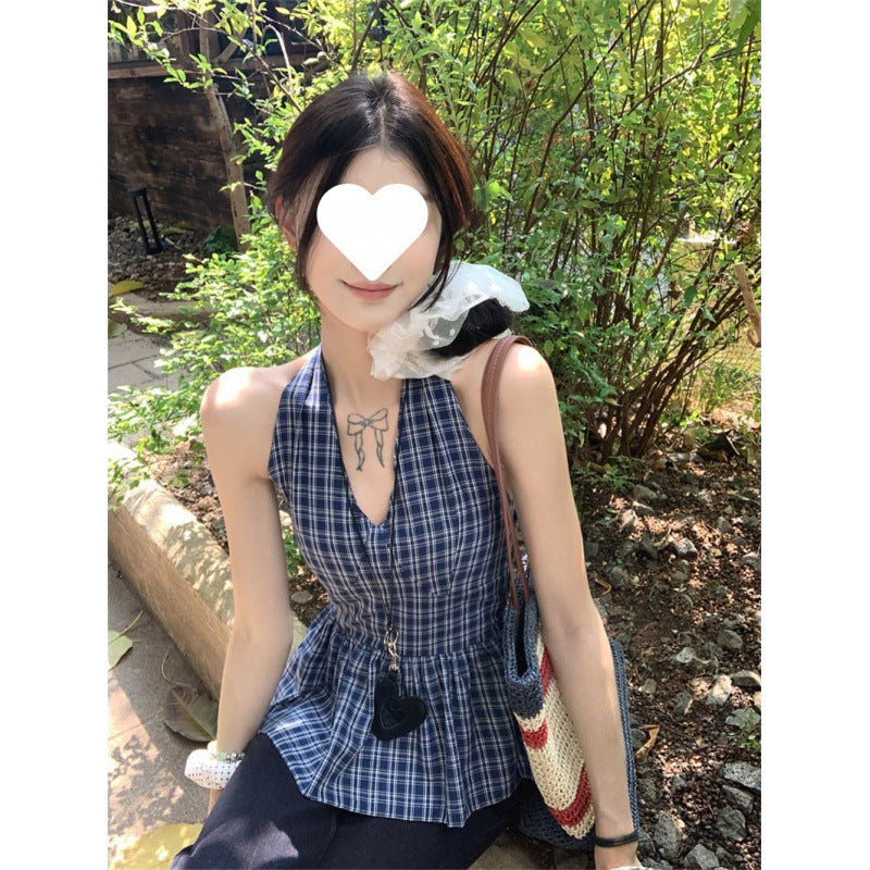 Retro Plaid V-neck Lace-up Halter Sleeveless Shirt - kinko