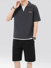 Men's Plus Size Johnny Collar Top and Shorts Set - kinko