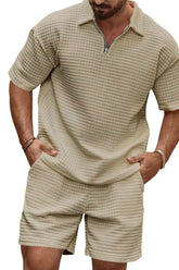 Men's Full Size Zip Collar Short Sleeve Top and Shorts Set Plus Size - kinko