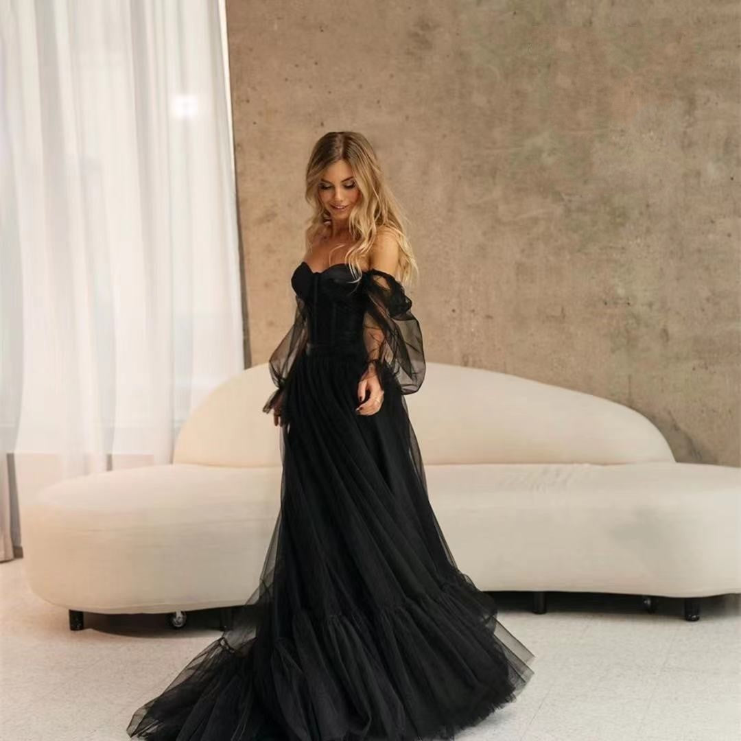Women's Long Sleeve Transparent Lace Black Wedding Dress - kinko