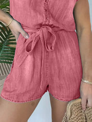 Full Size Tie Waist Cap Sleeve Denim Romper Plus Size - kinko