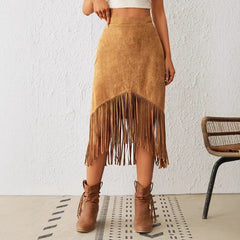 Women's Tassel Edge Asymmetrical Hem Solid Color Skirt - kinko