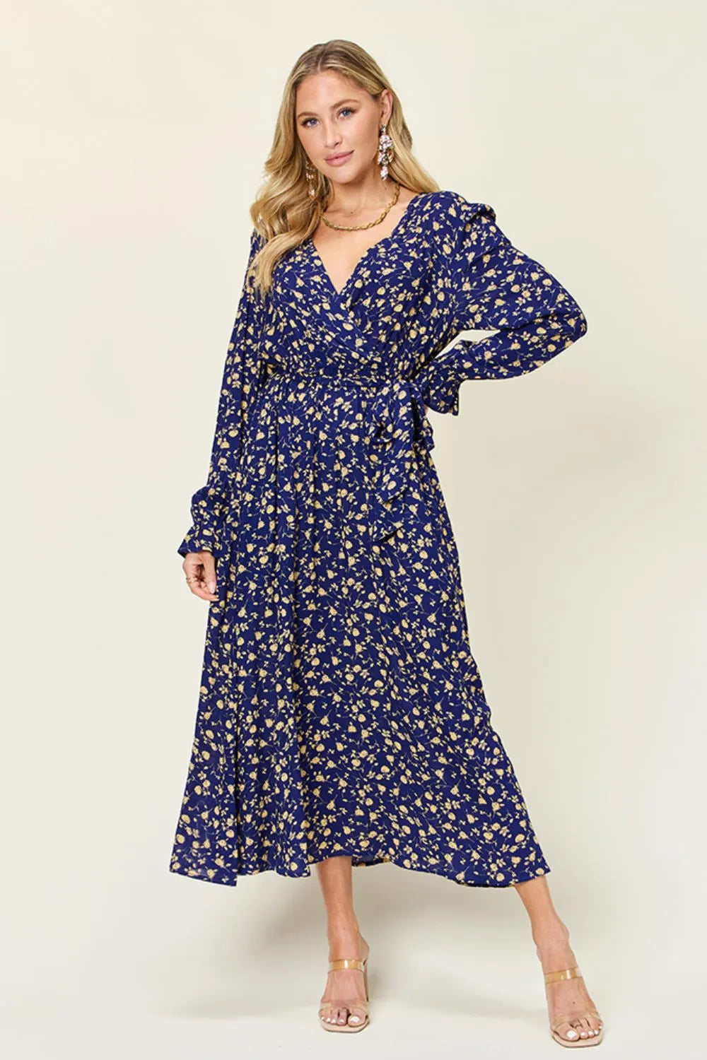 Double Take Full Size Tie Back Flounce Sleeve Dress - kinko