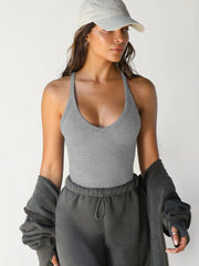 Ribbed V-Neck Halter Tank Top - kinko