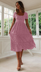 Square Collar Short Sleeve Dress Summer Puff Floral Printed Dress Long Dresses - kinko