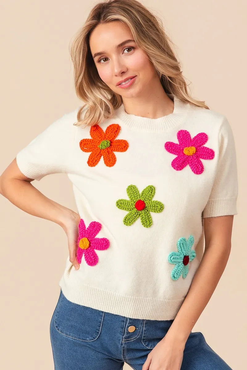 BiBi Crochet Flower Patch Sweater Top - kinko