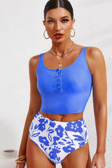 Half Snap Square Neck Tankini Set - kinko