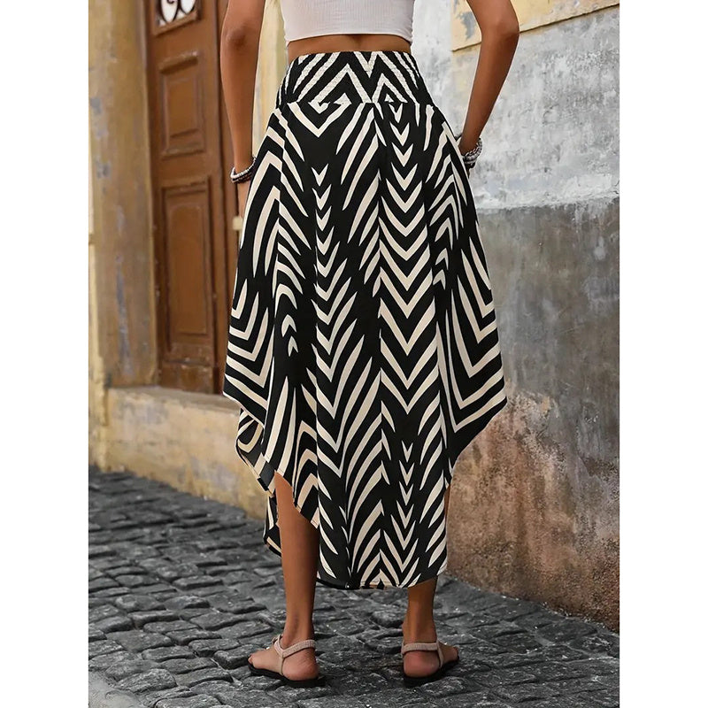 Women's High Elastic Waist Midi Skirt Casual Summer Trendy Tie Front Flowy Floral Print Beach Long Skirt - kinko