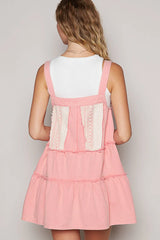 POL Lace Patchwork Detail Denim Overall Dress - kinko