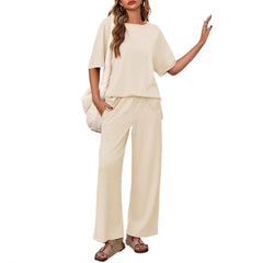 Short Sleeve Round Neck Top Wide Leg Pants Casual Women's Suit - kinko