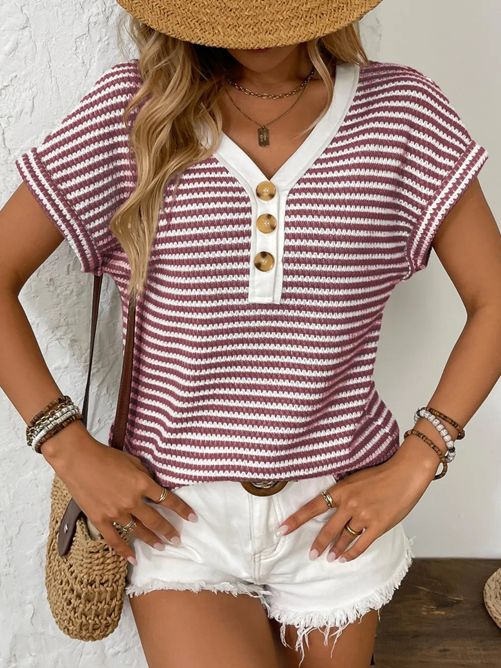 Striped V-Neck Short Sleeve T-Shirt - kinko