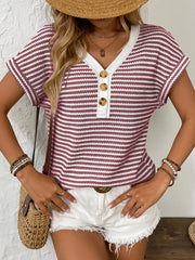 Striped V-Neck Short Sleeve T-Shirt - kinko