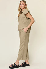 Double Take Texture Ruffle Short Sleeve Top and Drawstring Wide Leg Pants Set - kinko