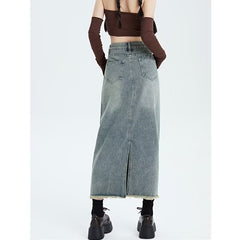 Retro Women's High Waist Denim Skirt Women's Mid-length Versatile Hem Tassel Hip Skirt - kinko