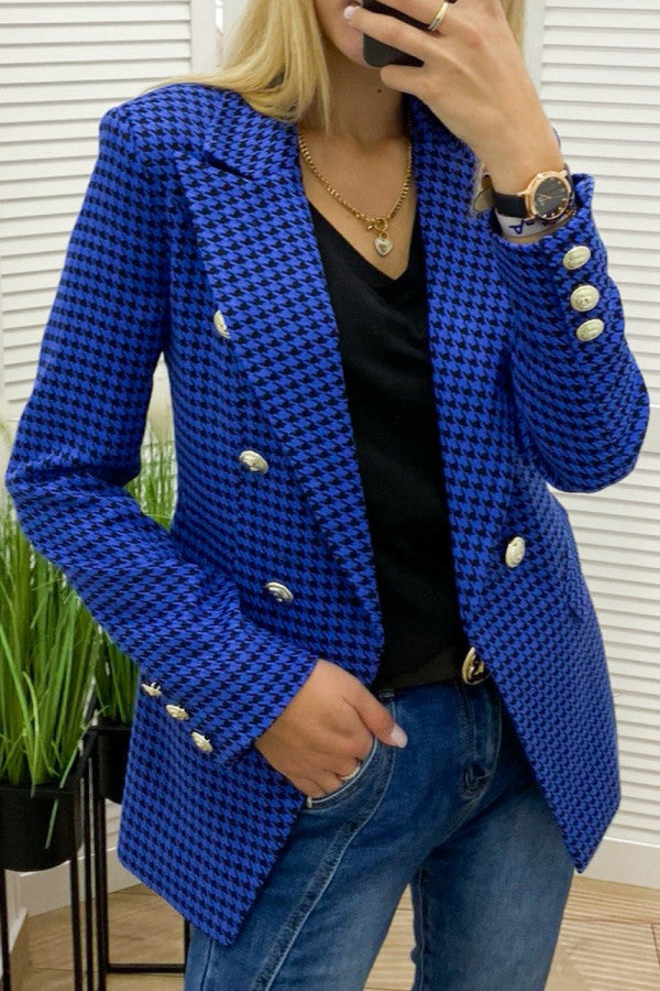 Women's Houndstooth Blazer Pocket Coat - kinko
