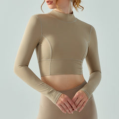 Stand Collar Fallwinter Yoga Wear Long Sleeve Women's Water Drop Semi-fixed Cup Hollow-out Beauty Back - kinko