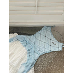 Blue Suit Mesh Stretch Slim Strap Top Lace Cake Dress - kinko