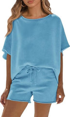 Fisoew Womens Summer 2 Piece Outfits Oversized Casual Short Sleeve Tops And High Waisted Shorts Workout Lounge Short Sets - kinko