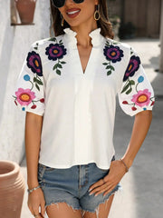 Floral Print Notched Puff Sleeve Blouse - kinko