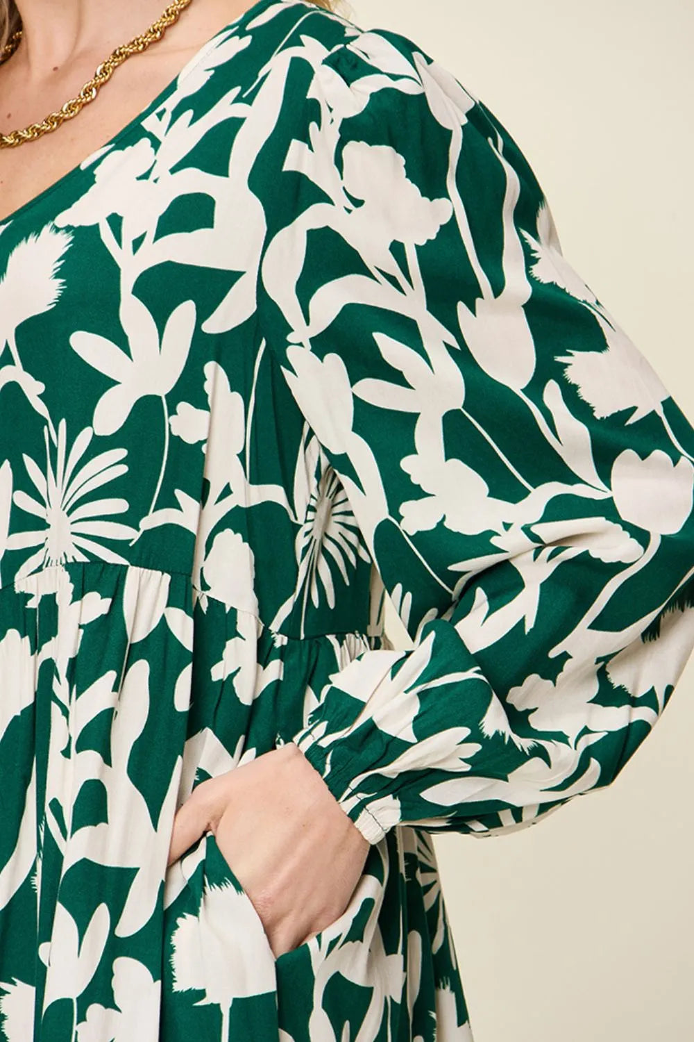 Double Take Full Size Printed Ruffle Hem Dress with Pocket - kinko