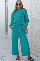 Double Take Full Size Textured Long Sleeve Top and Drawstring Pants Set - kinko
