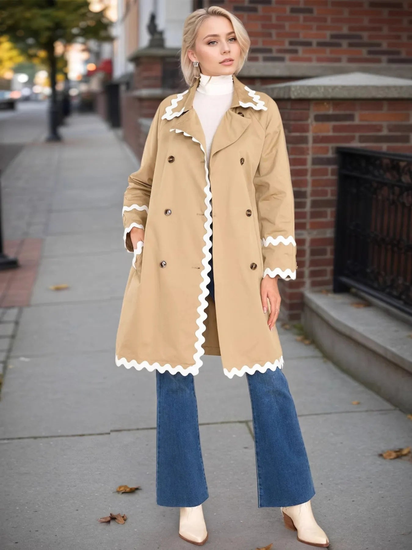 Scalloped Trim Long Sleeve Trench Coat - kinko