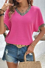 V-Neck Leopard Trim Ribbed Blouse - kinko